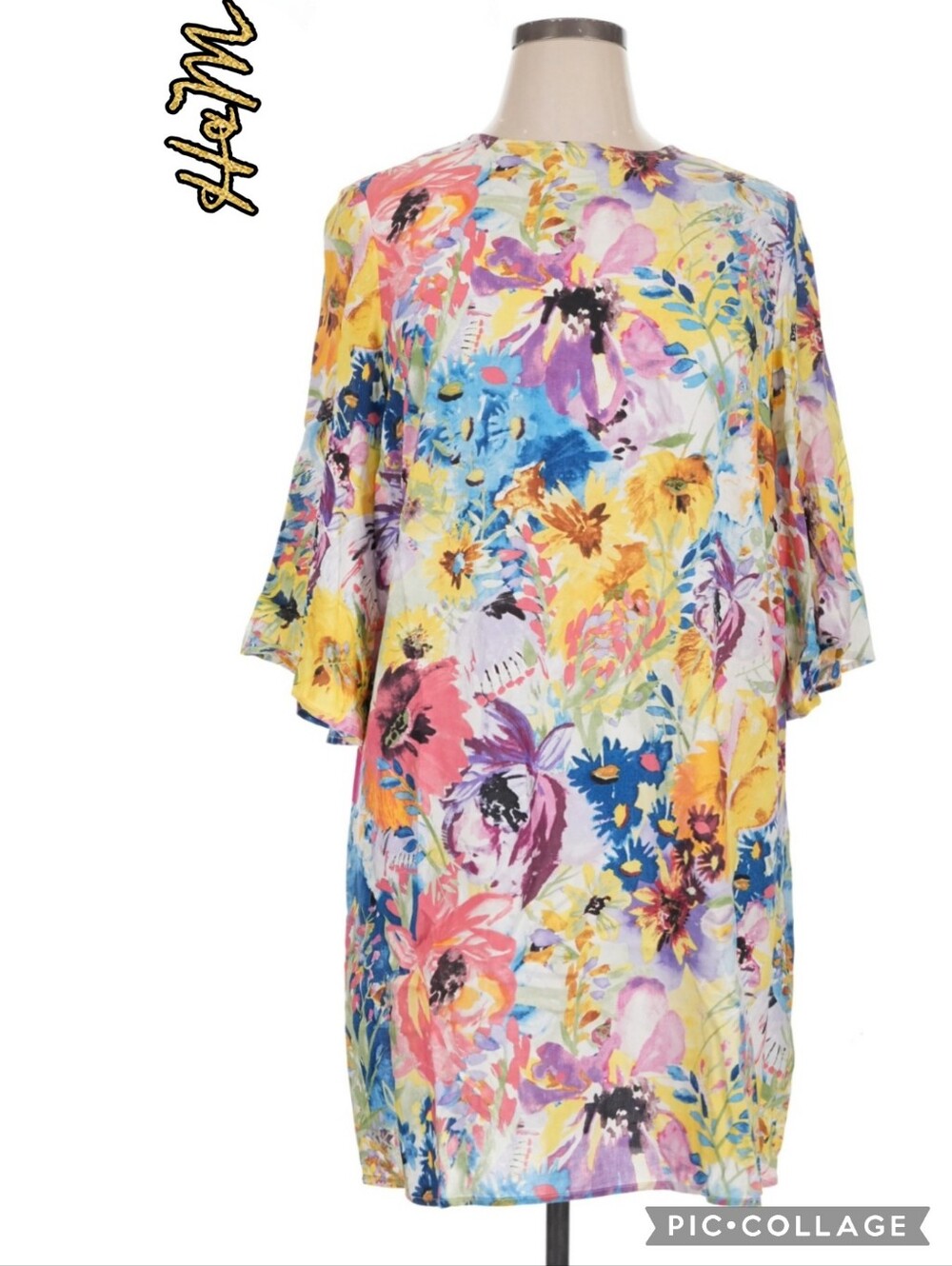 H&M multicolor floral shift dress keyhole & button back closure 3/4 sleeves